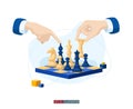 Hands of chess players. Business strategy concept. Chess game. Chess pieces. Template for your design works. Vector graphics.